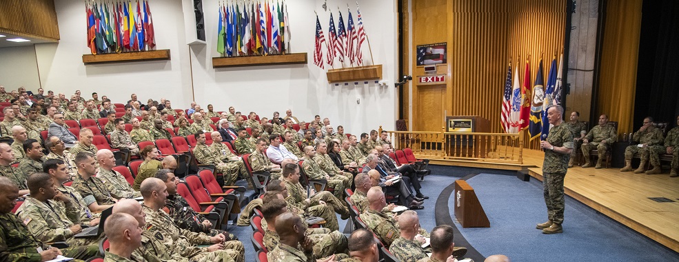 Marine Corps Gen. Joe Dunford, chairman of the Joint Chiefs of Staff, speaks to students at the U.S. Army War College (AWC), Carlisle, Pa., April 16, 2019. Dunford visited the AWC to speak with students and staff about Global Integration. (DOD photo by U.S. Navy Petty Officer 1st Class Dominique A. Pineiro)